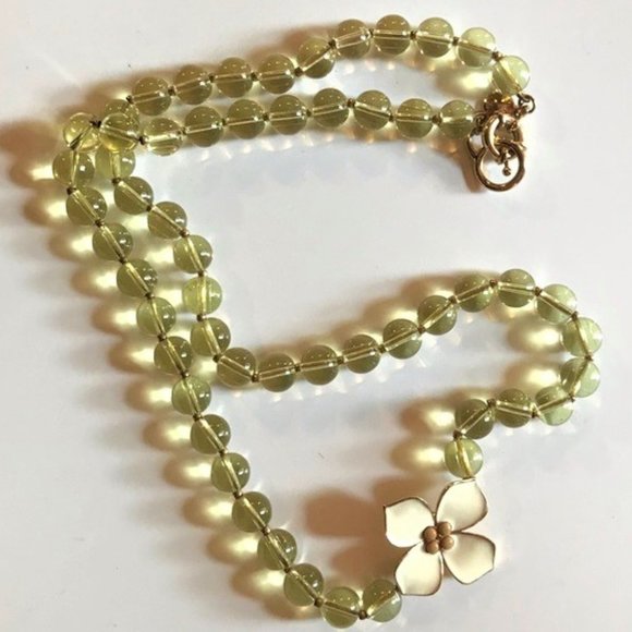 J CREW Long Green Beaded Enamel Flower Necklace